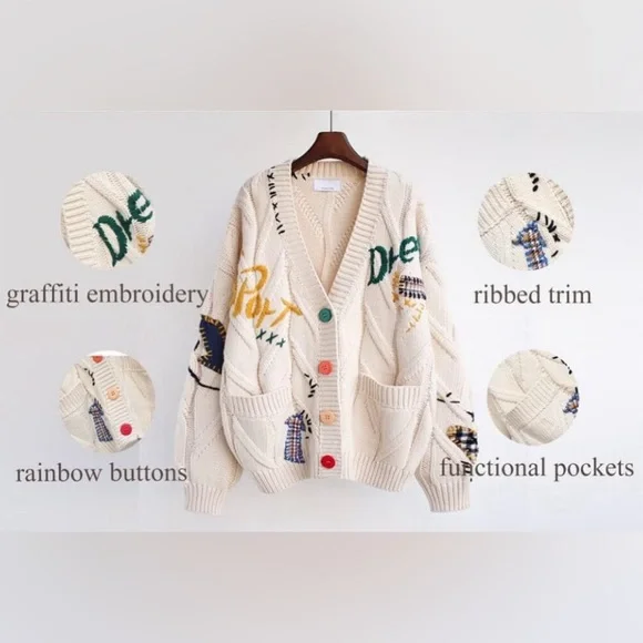 Cable Knit Cozy Embroidered Cardigan Sweater Size M - Picture 3 of 10